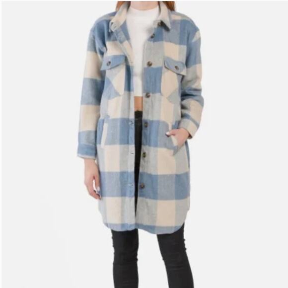 NWT Blank NYC Light Blue Buffalo Plaid Coat Size Large - Picture 1 of 8